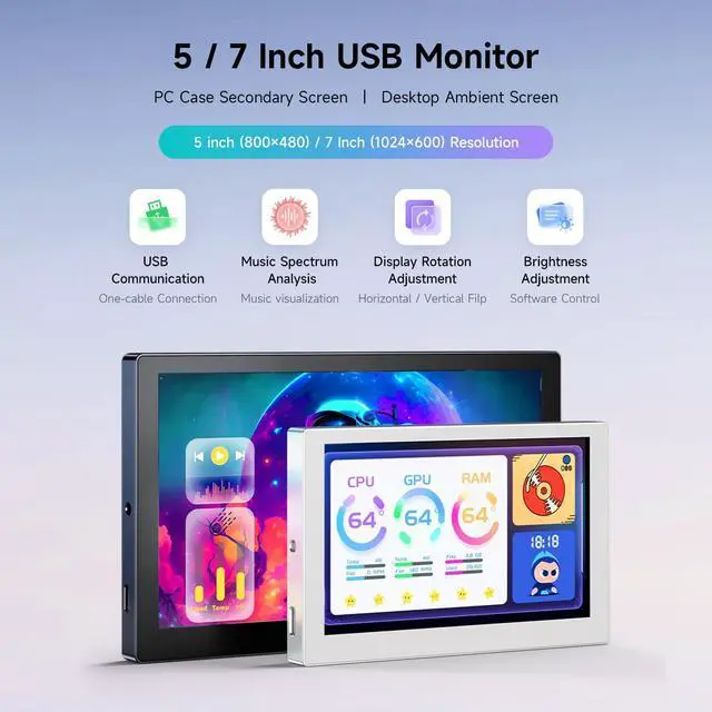 Alt view image 3 of 5 - waveshare 7inch USB Monitor, PC Case Secondary Screen/Desktop RGB Ambient Screen, IPS Panel, 1024x600 Resolution, with Music Spectrum Analysis Function, Type-C Interface, CNC Metal Case, Silver