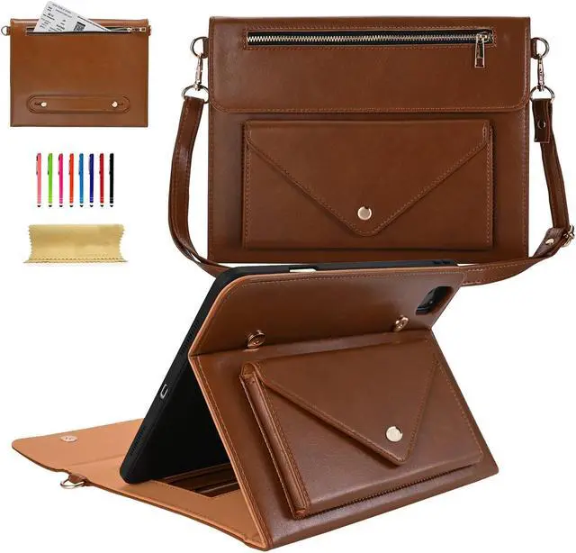 Main image of Dteck Business Case for iPad Pro 11 Inch 4th/3rd/2nd/1st Gen,iPad Air 11 Inch Case,iPad Air 4th/5th Gen Case,PU Leather Flip Stand Cover Pencil Holder Zipper Pocket Bag Strap Protective Case,Brown