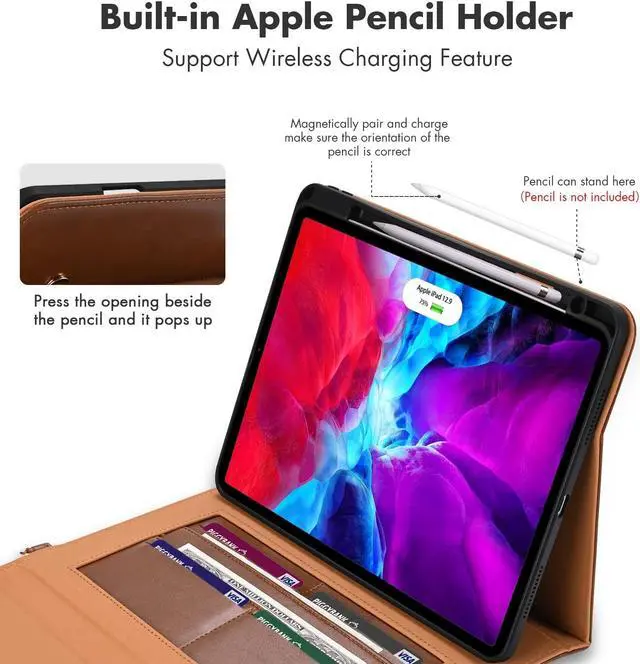 Alt view image 3 of 5 - Dteck Business Case for iPad Pro 11 Inch 4th/3rd/2nd/1st Gen,iPad Air 11 Inch Case,iPad Air 4th/5th Gen Case,PU Leather Flip Stand Cover Pencil Holder Zipper Pocket Bag Strap Protective Case,Brown