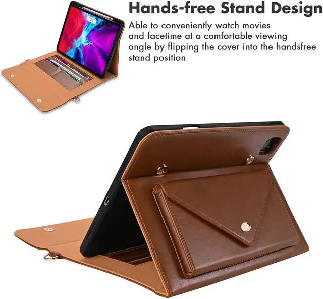 Alt view image 4 of 5 - Dteck Business Case for iPad Pro 11 Inch 4th/3rd/2nd/1st Gen,iPad Air 11 Inch Case,iPad Air 4th/5th Gen Case,PU Leather Flip Stand Cover Pencil Holder Zipper Pocket Bag Strap Protective Case,Brown