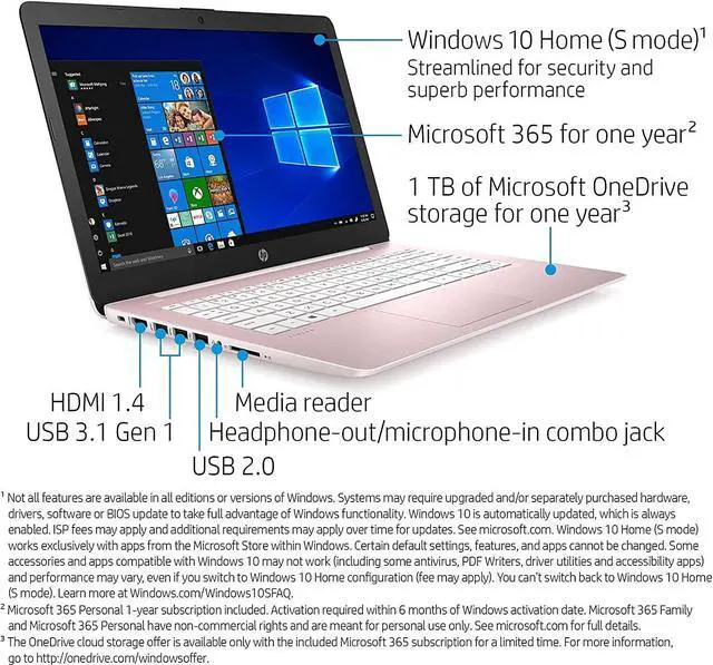 Alt view image 2 of 5 - HP Stream14 HD (1366 x 768) WLED-Backlit Laptop PC, Intel Celeron N4000 Processor, 4GB RAM, 64GB EMMC, 802.11ac, Bluetooth 4.2, HDMI, Windows 10 S, Rose Pink, W/ Valinor Accessories, 14-Celeron