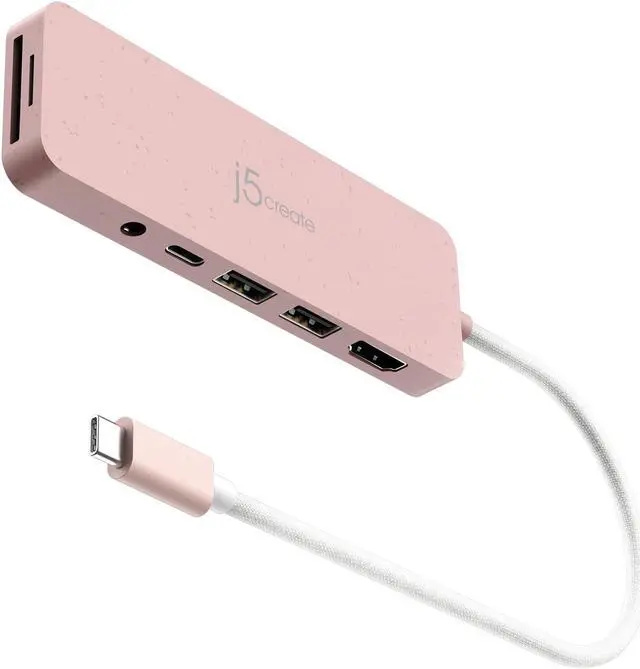 Main image of j5create USB-C Pink Multi-Port Hub with Power Delivery with 4K HDMI/2 USB-A 5Gbps/PD 100W Charging SD&Micro SD/3.5mm Audio | for MacBook/iPad Pro/iMac/Surface/XPS/Thinkpad/Galaxy/and More(JCD373ER)