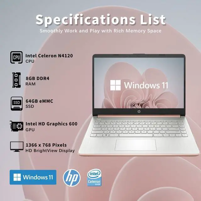 Alt view image 2 of 5 - HP Stream Laptop 14"" HD, Intel Celeron N4020 Processor, 8GB DDR4 RAM, 64GB SSD, Intel HD Graphics, 720p Webcam, 1 Year Office 365, White, Win 11 S, Alpacatec Accessories, Rose Gold