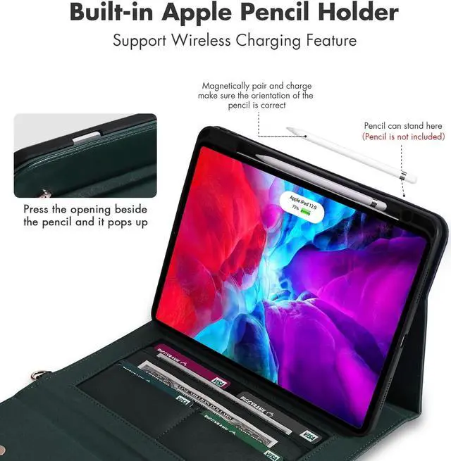 Alt view image 3 of 5 - Dteck Case for iPad Air 13 (M2) 2024/iPad Pro 12.9 inch 6th/5th/4th/3rd Generation,Premium PU Leather Folio Stand Cover Pencil Holder Zipper Pocket Strap Bag Shockproof Protective Business Case,Green