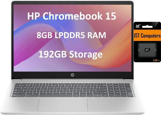 Main image of HP Chromebook 15 Laptop for Student and Business (15.6" Narrow bezel, Intel N200 (>Pentium N6000), 8GB RAM, 192GB Storage(64GB + 128GB SD Card), Webcam, Numeric Keyboard), IST Card, Chrome OS, Silver