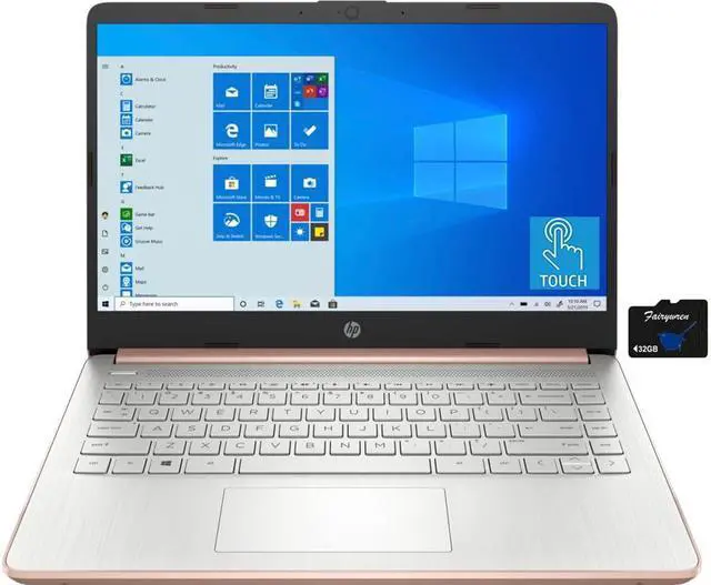 Main image of HP 14 inch Touchscreen Laptop, AMD 3020e Processor, 4 GB RAM, 64 GB eMMC Storage, WiFi 5, Webcam, HDMI, Windows 10 S with Office 365 for 1 Year + Fairywren Card (Rose Gold)