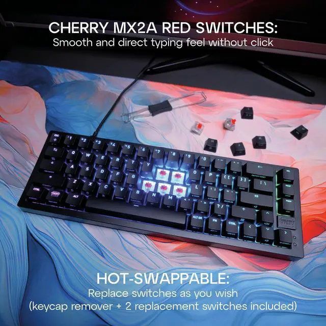 Alt view image 2 of 5 - Xtrfy CHERRY K5V2 Compact, Mechanical Gaming Keyboard in 65% Format US Layout Hot Swappable, CHERRY MX2A RED Switches (Black)