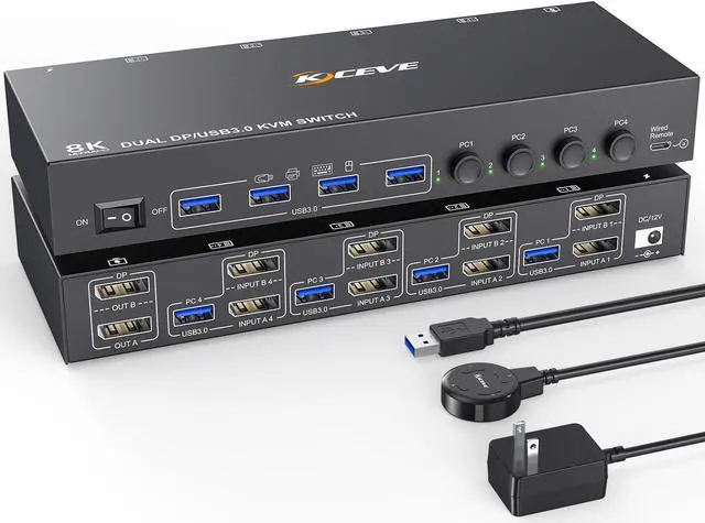 Main image of KVM Switch 4 Computer 2 Monitors, KCEVE Dual Monitors Displayport USB 3.0 KVM Switcher, Supports 4K@60Hz for 4 DP Computers Share 2 DP Monitors, Keyboard and Mouse