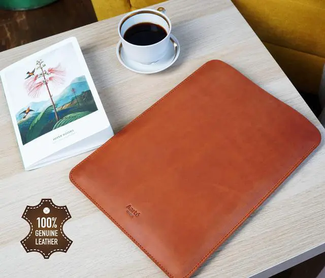 Alt view image 3 of 5 - Aartedesign Genuine Leather Sleeve for MacBook 14 Pro 2021-2024 M1 M2 M3 Pro/Max A2442 A2779 Case Soft Handmade Carrying Bag (Vertical, Vintage Cognac)