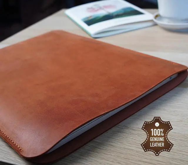 Alt view image 5 of 5 - Aartedesign Genuine Leather Sleeve for MacBook 14 Pro 2021-2024 M1 M2 M3 Pro/Max A2442 A2779 Case Soft Handmade Carrying Bag (Vertical, Vintage Cognac)