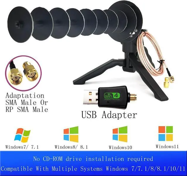 Alt view image 2 of 5 - 300Mbps Wireless Card USB Adapter Laptop Or Desktop PC Computer Long Distance Reception Enhanced WiFi Signal 16dBi 2.4GHz Yagi Directional Antenna...