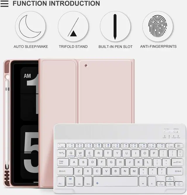 Alt view image 3 of 5 - Aoub Case for iPad 6th/5th Generation 9.7 inch, iPad Air 2, iPad Air, Stand Folio Detachable Wireless Bluetooth Keyboard Cover Soft TPU Back Case with Pencil Holder for iPad 9.7", Baby Pink