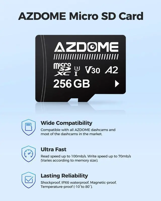 Alt view image 2 of 5 - AZDOME 256GB Micro SD Card microSDXC Memory Card for AZDOME M550 GS63H Pro PG17-4K GS63Pro Dash Cam Full HD & 4K UHD, U3, A2, V30