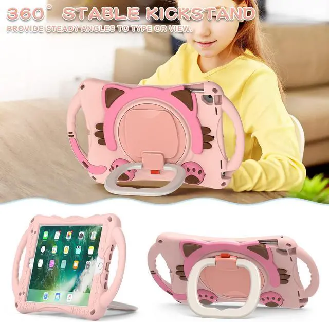 Alt view image 3 of 5 - BATYUE iPad 9.7 inch Case for iPad 6th Gen 2018/ iPad 5th Gen 2017, iPad Air 2/ iPad Pro 9.7'', Protective Cover with Pencil Holder & Kickstand & Shoulder Strap, Cute Cat Case for Kids (Pink)