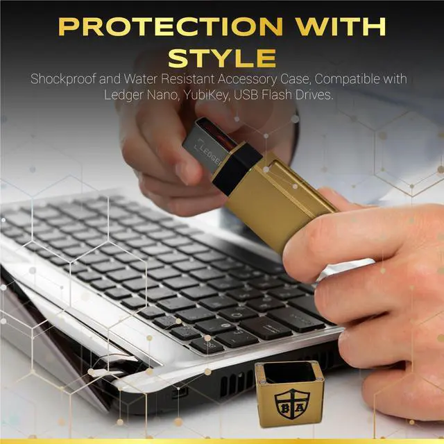Alt view image 2 of 5 - BitArmor Case - Protective Case for Ledger Nano X, S, S Plus | Water, Fire & Shock Resistant Hardware Crypto Currency Cold Storage Wallet Bitcoin Ethereum Holder | USB Drive, Yubikey (Gold)