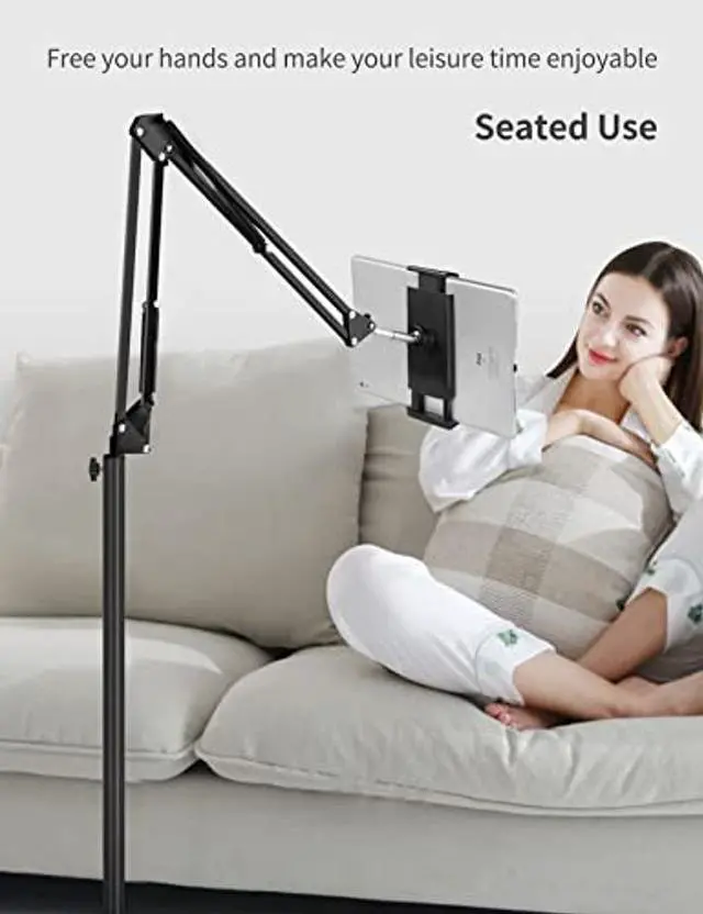Alt view image 3 of 5 - Tablet Floor Stand with Double Weight Base, Overhead Bed Phone Mount Height Adjustable Arm Stretchable Stand Holder, Compatible with iPad Mini Air Pro, Galaxy Tab, Kindle, Switch, Cell Phones-Black