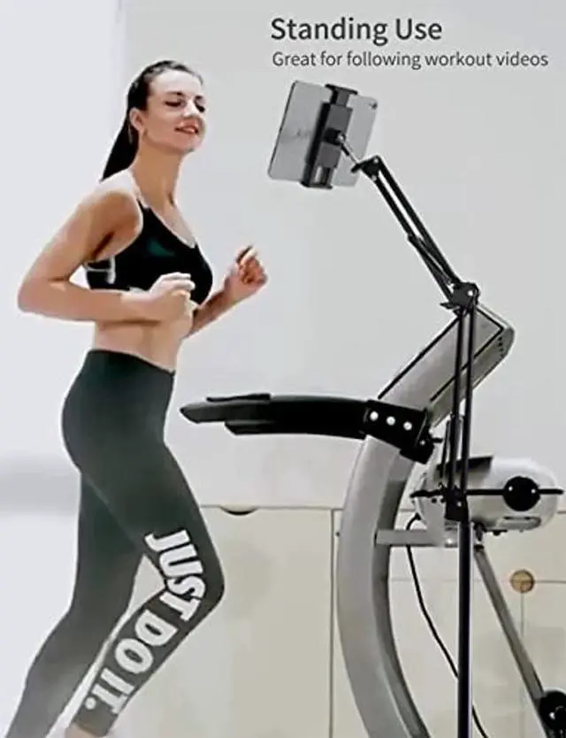 Alt view image 4 of 5 - Tablet Floor Stand with Double Weight Base, Overhead Bed Phone Mount Height Adjustable Arm Stretchable Stand Holder, Compatible with iPad Mini Air Pro, Galaxy Tab, Kindle, Switch, Cell Phones-Black