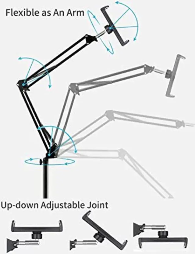 Alt view image 5 of 5 - Tablet Floor Stand with Double Weight Base, Overhead Bed Phone Mount Height Adjustable Arm Stretchable Stand Holder, Compatible with iPad Mini Air Pro, Galaxy Tab, Kindle, Switch, Cell Phones-Black