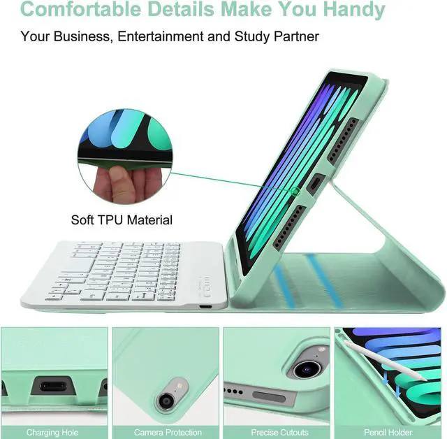 Alt view image 5 of 5 - BORIYUAN iPad Mini 6 Keyboard Case 2021, Detachable Wireless Bluetooth Keyboard Slim Folio Smart Cover with Build-in Pencil Holder for iPad Mini 6th Generation 8.3 inch - Light Green