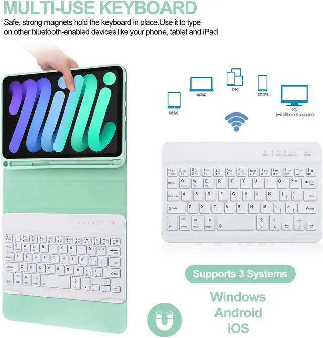 Alt view image 4 of 5 - BORIYUAN iPad Mini 6 Keyboard Case 2021, Detachable Wireless Bluetooth Keyboard Slim Folio Smart Cover with Build-in Pencil Holder for iPad Mini 6th Generation 8.3 inch - Light Green