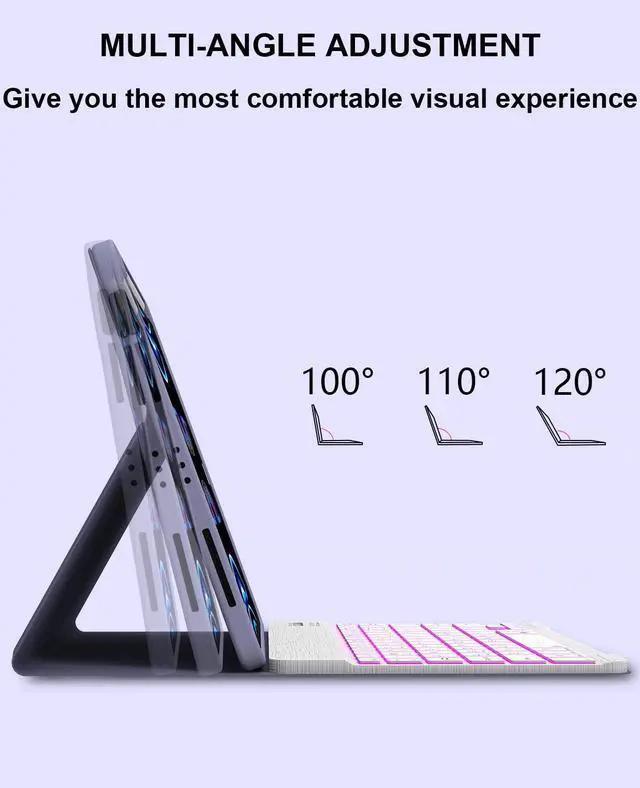 Alt view image 4 of 5 - C INVERTER Keyboard Case for iPad Air 5th 4th Generation 2022/2020, iPad Pro 1st/2nd/3rd Gen 2018/2020/2021, 10.9 inch Case with Pencil Holder & 7 Colors Backlit Magnetic Bluetooth Keyboard(Purple)