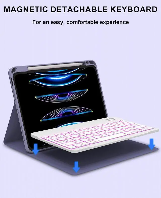 Alt view image 3 of 5 - C INVERTER Keyboard Case for iPad Air 5th 4th Generation 2022/2020, iPad Pro 1st/2nd/3rd Gen 2018/2020/2021, 10.9 inch Case with Pencil Holder & 7 Colors Backlit Magnetic Bluetooth Keyboard(Purple)