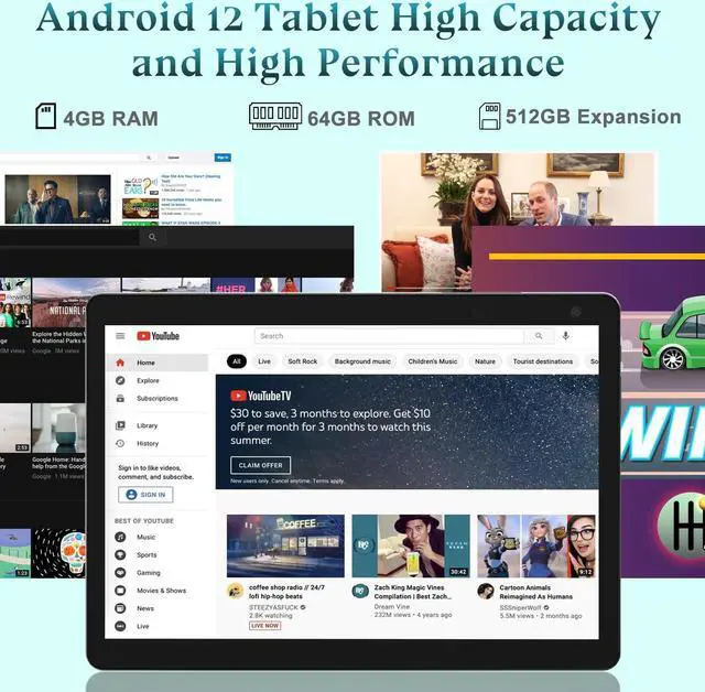 Alt view image 2 of 5 - BYANDBY 2024 Newest Tablets Android 12, 2 in 1 Tablet with Keyboard, 10 inch Tablets, 4GB+64GB/512GB Expand, 2.4G+5G+Wi-Fi 6, Dual Camera, 6000 mAh, BT, GMS, Games, Tablet with Case (Black)