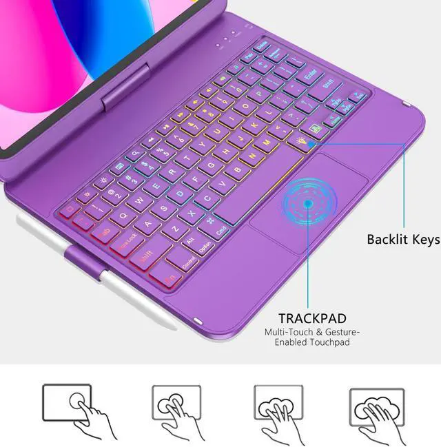 Alt view image 4 of 5 - CC Store Touchpad Keyboard Case for iPad 10th Generation 10.9" 2022, Multi-Touch & Backlit Keys, 360deg Rotatable & Pencil Holder,for New iPad 11 Generation(A16) 11-inch Case Keyboard (Purple)