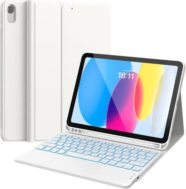 Main image of CHESONA Touchpad iPad 10th Generation Case with Keyboard (10.9", 2022), 7 Color Backlight, Multi-Touch Trackpad, Flip Stand Case with Pencil Holder, 2 Bluetooth Channels for New iPad 10th 2022, White