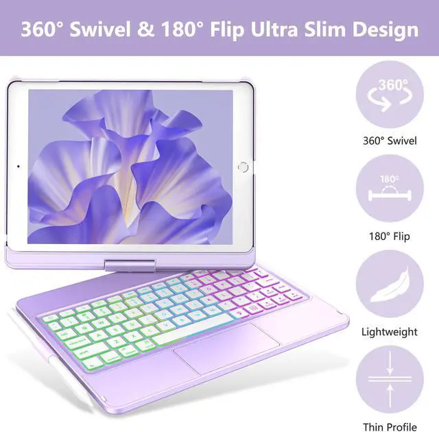 Alt view image 3 of 5 - COO Keyboard Case for on iPad 10.2" 9th/8th/7th Gen, Under iPad Air 10.5"(3rd Gen)/in iPad Pro 10.5 in, Backlit 10 Color 360 Screen Rotation Case for on iPad with Keyboard, Auto Sleep/Wake - Lavender