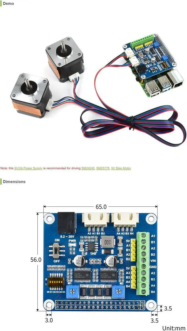 Alt view image 5 of 5 - Coolwell Waveshare Stepper Motor HAT for Raspberry Pi 4B+ 4B 3B+ 3B 2B+ Zero W WH Jetson Nano Dual DRV8825 Motor Controller up to 1/32 Microstepping Drives Two Stepper Motors