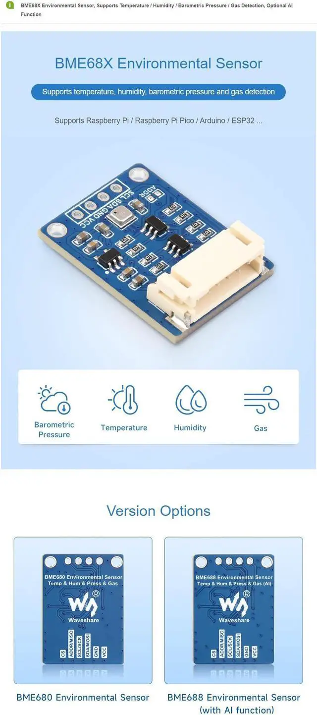 Alt view image 4 of 5 - BME688 Environmental Sensor Module, Temperature Humidity Barometric Pressure Gas Sensor, I2C/SPI, AI Function, for Raspberry Pi, Arduino, ESP32, Pico, 3.3V/5V Compatible