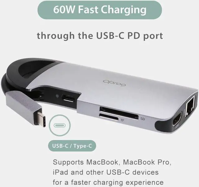 Alt view image 5 of 5 - Opro9 8-in-1 USB-C Hub with 3 USB 3.0 Ports, Dual Monitor Laptop Docking Station, 4K HDMI, USB-C Power Delivery, SD/TF Card Reader & Ethernet, Portable for Macbook Pro and Other Type-C Laptops (Gray)