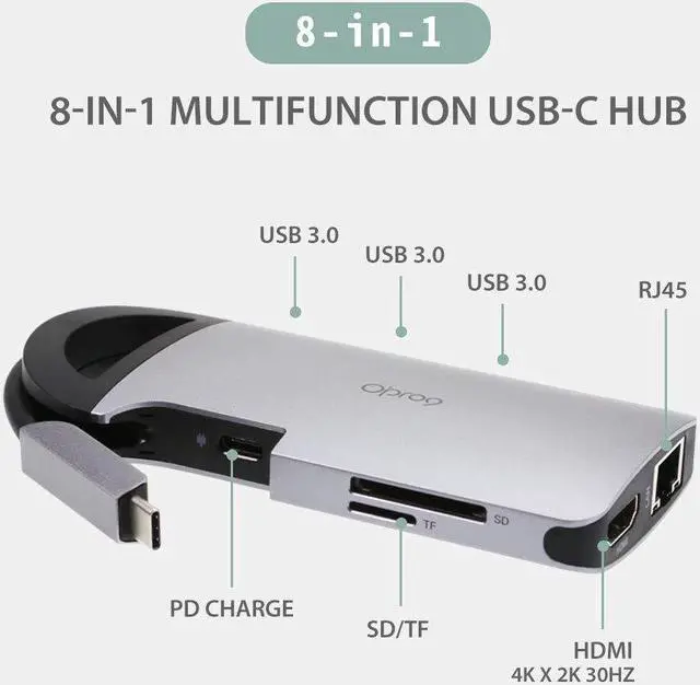 Alt view image 2 of 5 - Opro9 8-in-1 USB-C Hub with 3 USB 3.0 Ports, Dual Monitor Laptop Docking Station, 4K HDMI, USB-C Power Delivery, SD/TF Card Reader & Ethernet, Portable for Macbook Pro and Other Type-C Laptops (Gray)