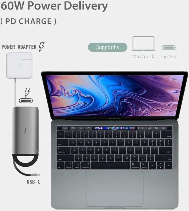 Alt view image 4 of 5 - Opro9 8-in-1 USB-C Hub with 3 USB 3.0 Ports, Dual Monitor Laptop Docking Station, 4K HDMI, USB-C Power Delivery, SD/TF Card Reader & Ethernet, Portable for Macbook Pro and Other Type-C Laptops (Gray)
