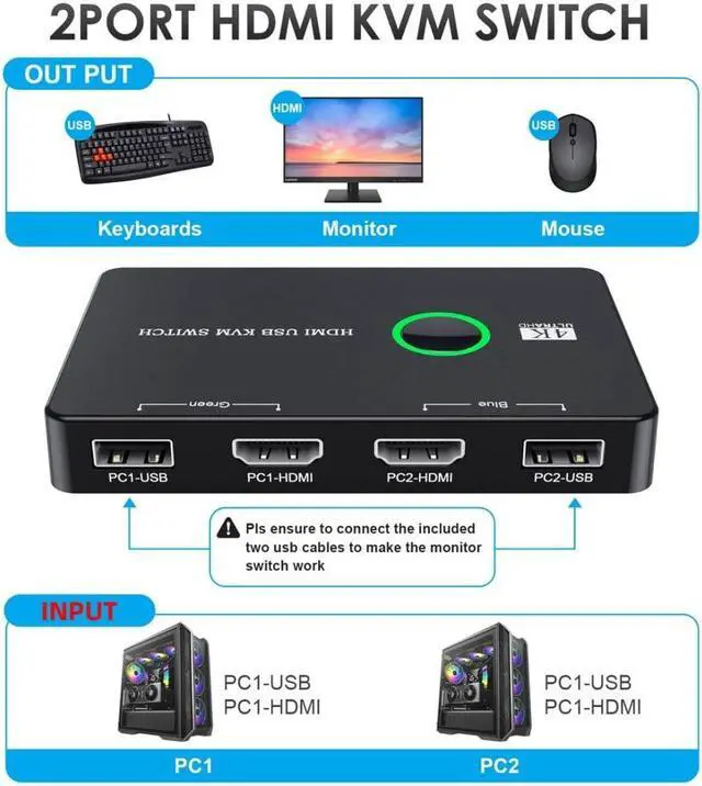 Alt view image 2 of 5 - chenyang CY HDMI 4K & USB 2.0 KVM Switch Selector Dual PCs Sharing Monitor HDTV USB Port Keyboard Mouse Scanner Printer