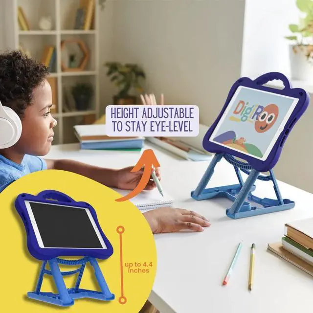Alt view image 2 of 5 - DigiRoo iPad (9th/8th/7th Generation) 10.2" Kids Case, Height-Adjustable Built-in Stand, Ergonomic Protective Support (Blue)