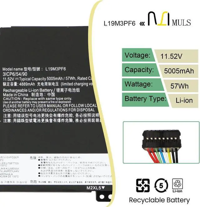 Alt view image 2 of 5 - MULS L19L3PF2 L19M3PF6 Laptop Battery Replacement for Lenovo Ideapad 5-15IIL05 5-15ARE05 5-15ITL05 5-15ARE05 5-15IAL7 5-15ABA7 Series L19C3PF5 L19M4PF1 L19D3PF3 SB10W86961 5B10W86945 57Wh 3-Cells