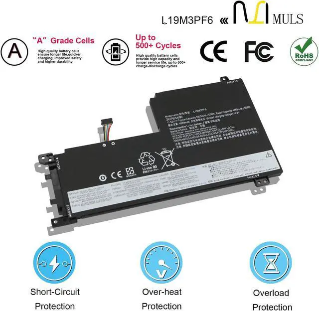 Alt view image 4 of 5 - MULS L19L3PF2 L19M3PF6 Laptop Battery Replacement for Lenovo Ideapad 5-15IIL05 5-15ARE05 5-15ITL05 5-15ARE05 5-15IAL7 5-15ABA7 Series L19C3PF5 L19M4PF1 L19D3PF3 SB10W86961 5B10W86945 57Wh 3-Cells