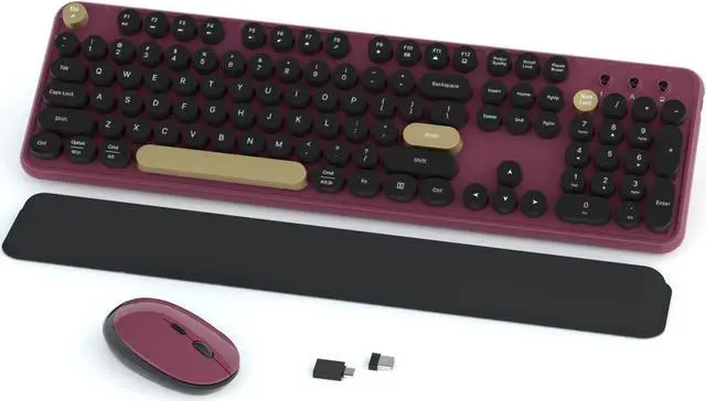 Main image of Colorful Wireless Keyboard and Mouse Combos, Retro Keyboard and Mouse Wireless Full Size, 2.4Ghz Connection and Optical Mouse for Windows, Mac, PC, Laptop for Home and Office (Burgundy-Black)