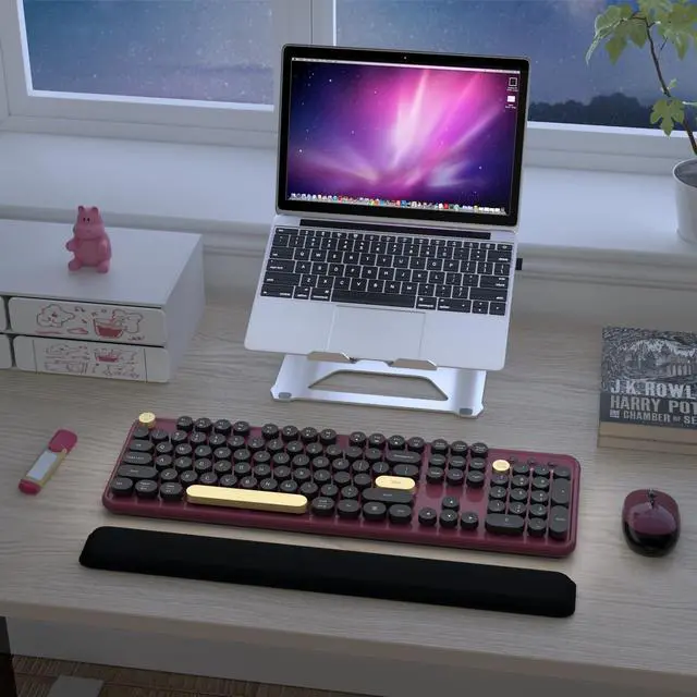 Alt view image 2 of 5 - Colorful Wireless Keyboard and Mouse Combos, Retro Keyboard and Mouse Wireless Full Size, 2.4Ghz Connection and Optical Mouse for Windows, Mac, PC, Laptop for Home and Office (Burgundy-Black)