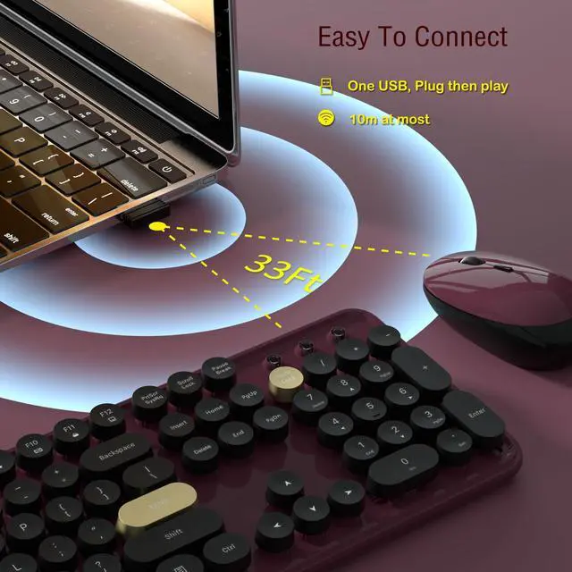 Alt view image 4 of 5 - Colorful Wireless Keyboard and Mouse Combos, Retro Keyboard and Mouse Wireless Full Size, 2.4Ghz Connection and Optical Mouse for Windows, Mac, PC, Laptop for Home and Office (Burgundy-Black)