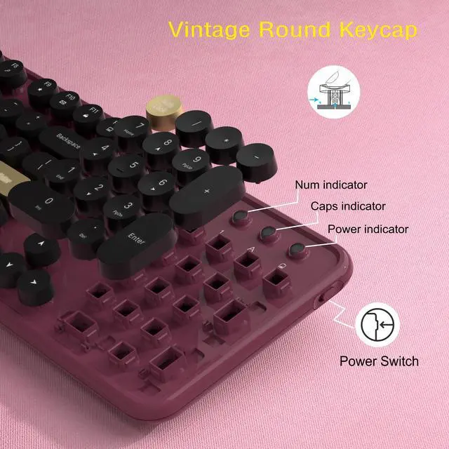 Alt view image 5 of 5 - Colorful Wireless Keyboard and Mouse Combos, Retro Keyboard and Mouse Wireless Full Size, 2.4Ghz Connection and Optical Mouse for Windows, Mac, PC, Laptop for Home and Office (Burgundy-Black)