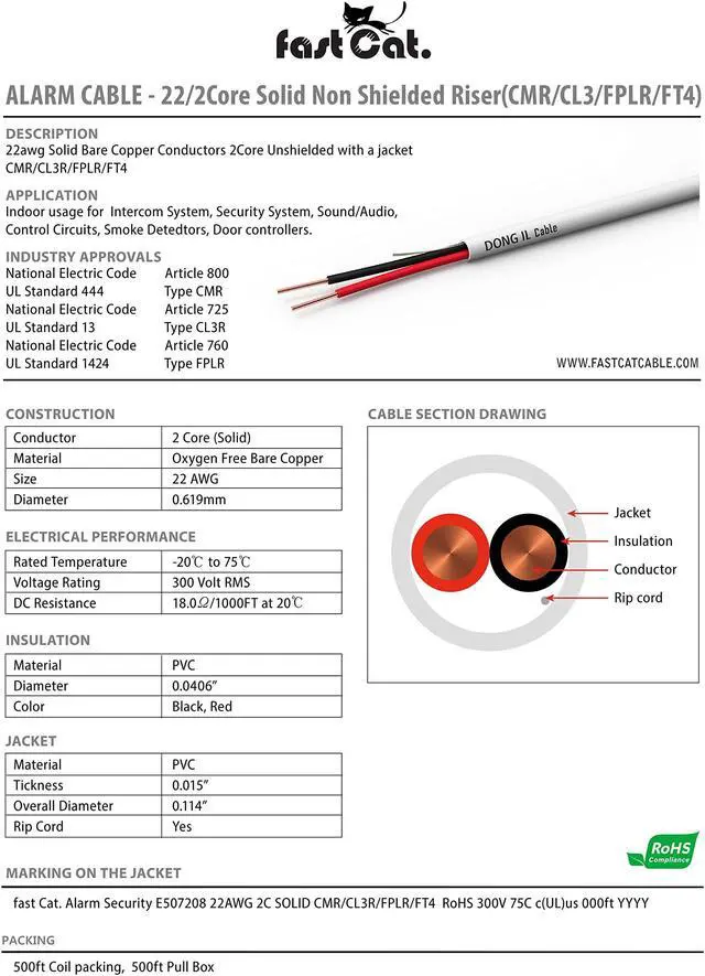 Alt view image 2 of 5 - Fast Cat. 22 AWG/Gauge, 2 Conductor 500ft, White Fire/Alarm/Security Cable - PVC Jacket, Unshielded, (CMR-CL3R-FT4) Rated in-Wall Use- UL Rated - Coil