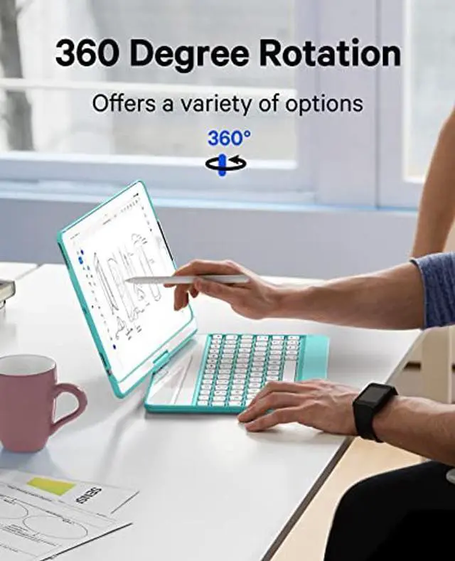 Alt view image 4 of 5 - Earto iPad 6th Generation Case with Keyboard, iPad 5th Generation Keyboard, iPad Air 2,Air 1, Pro 9.7 inch, 7 Color Backlit, 360deg Roatate Wireless Keyboard Case, ICE Green
