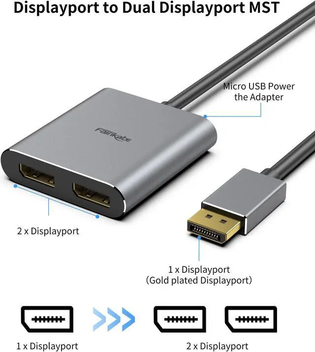 Alt view image 3 of 5 - fairikabe DisplayPort to Dual DisplayPort Splitter Adapter 4K60Hz for Dual Monitor Display, MST Display Port Adapter Extend Display 1 in 2 Out, DisplayPort Hub for Desktop PC Laptop