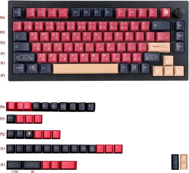 Alt view image 2 of 5 - GEKUCAP Red Samurai Keycaps 129 Keys, Cherry Profile Dye Sublimation Keycaps for Gaming Keyboard, PBT Customized keycaps Set with Puller for Cherry Mx Switches Mechanical Keyboard 61/87/104/108
