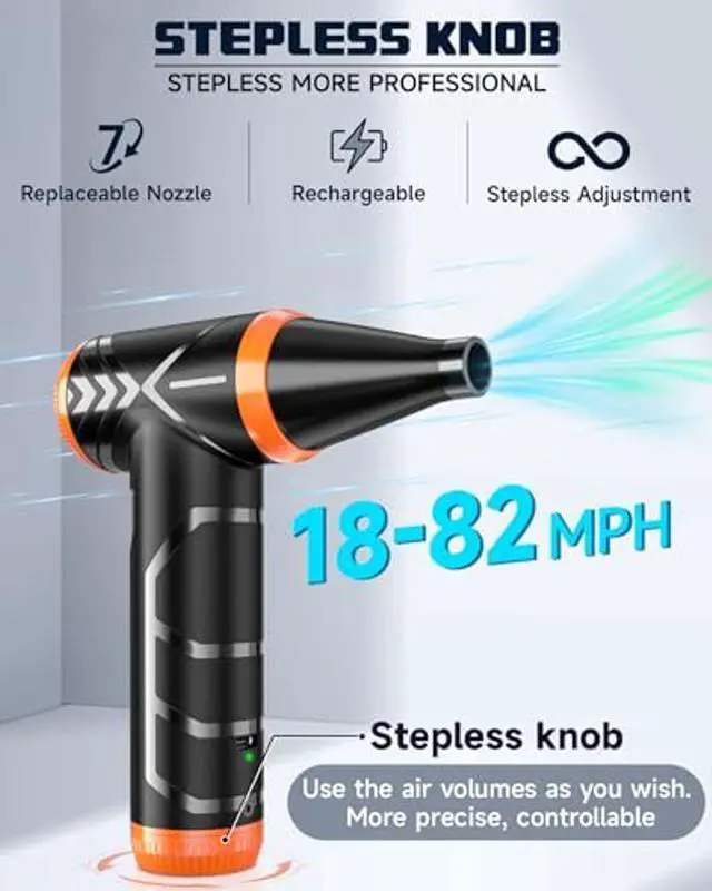 Alt view image 2 of 5 - HOTFIEN Compressed Air Duster, 150000RPM Stepless Speed Tiny Electric Cleaner for Keyboard, PC Deep Cleaning, Replace Compressed Air Can-No Canned Air Duster, Rechargeable Air Blower - Vibrant Orange