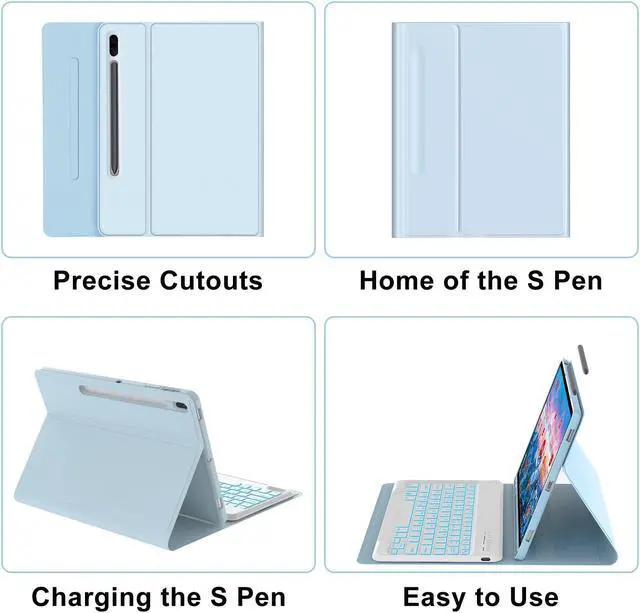 Alt view image 3 of 5 - Galaxy Tab S7 FE Case with Keyboard(5G)12.4 inch,Detachable Wireless Keyboard| Smart 7 Color Backlit Keyboard|Slim Folio Stand with S Pen Holder for Tab S8 Plus 2022/S7 FE 2021/S7 Plus 2020 Light Blue