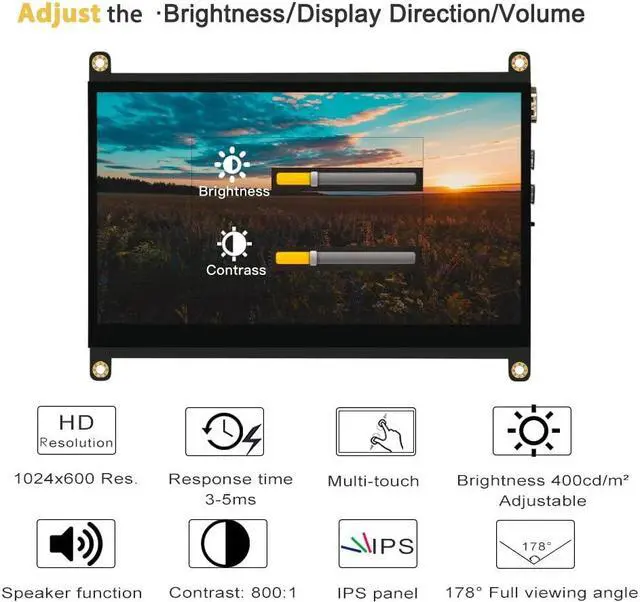 Alt view image 5 of 5 - LESOWN Upgraded! 7inch IPS Capacitive Touchscreen Monitor with Case, Touch Display 7" 1024x600 Ultra HD HDMI Monitor - Supports Raspberry Pi 3 4 Windows 10 8 7, Brightness Adjustable